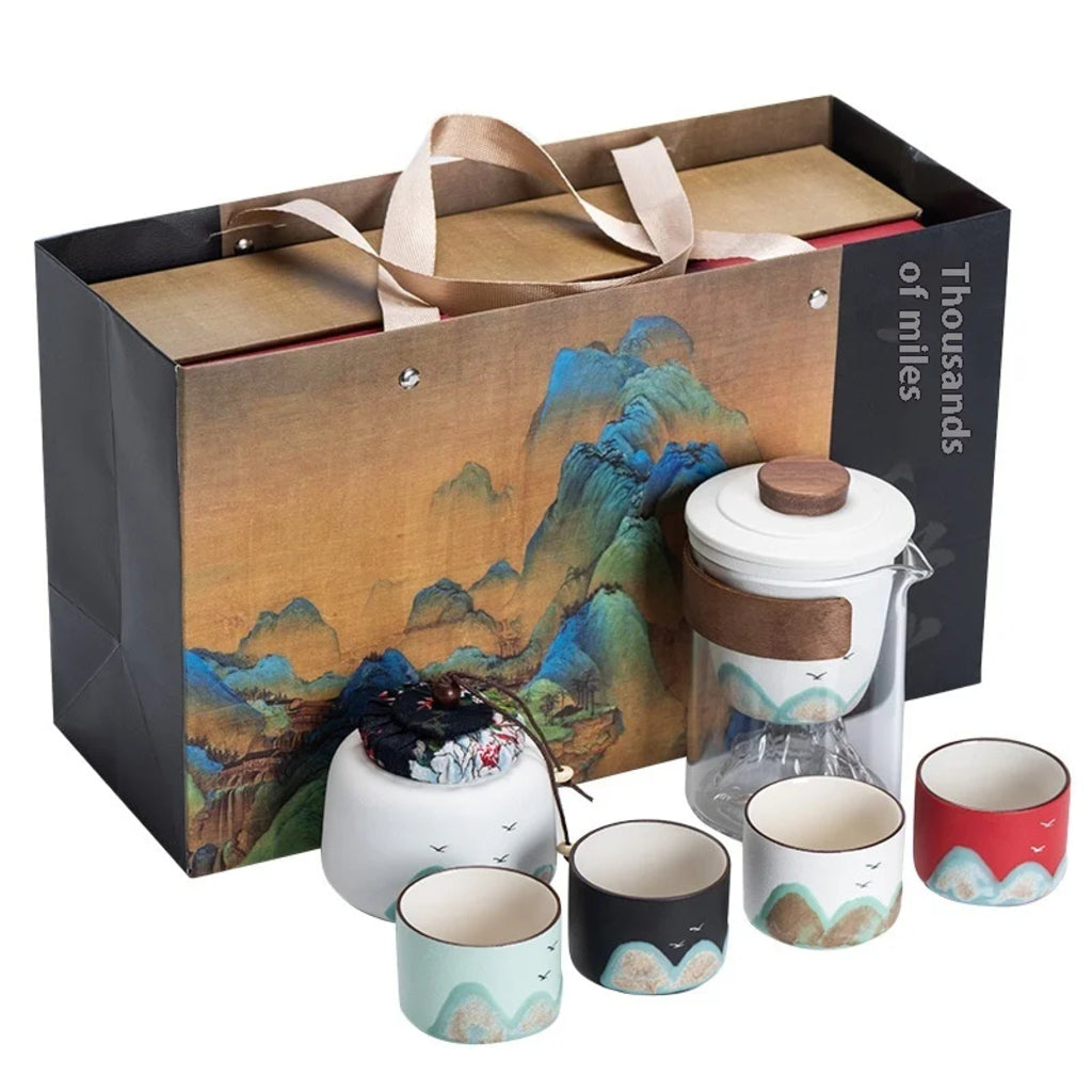 Premium Mountain-Landscape Ceramic Teapot & 4 Cups Gift Set