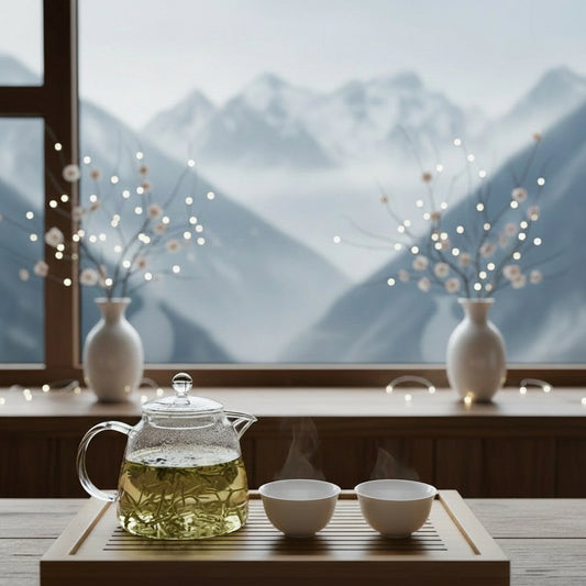 Tea set with a teapot and two cups on a wooden tray in front of a window with mountain view.