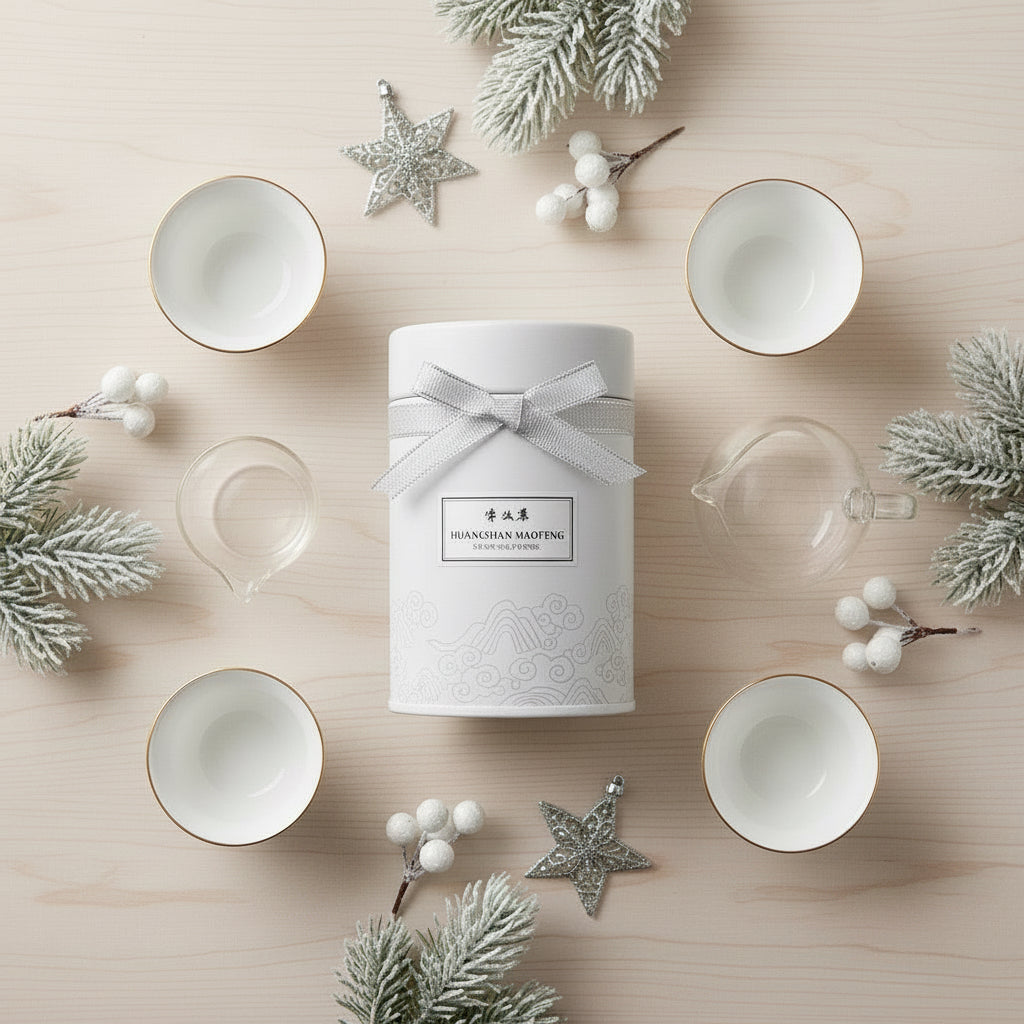 White tea set with decorative packaging on a wooden surface with Christmas decorations.