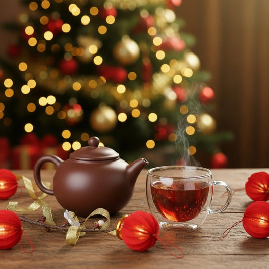 Teapot and glass mug with steaming tea on a wooden table in front of a decorated Christmas tree.