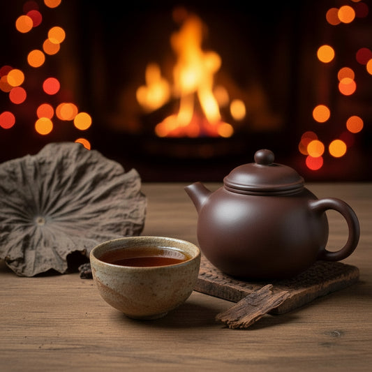 Tea set with teapot and cup on a wooden surface in front of a fireplace with lights.