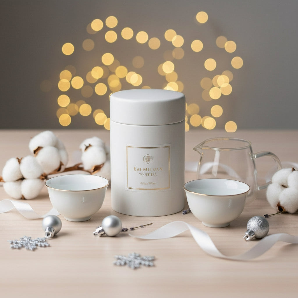Tea canister with tea cups and decorations on a table with a bokeh light background