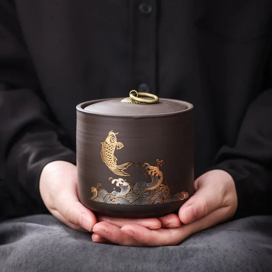 Gold Koi Ceramic Tea Caddy – Dark Sealed Storage Jar