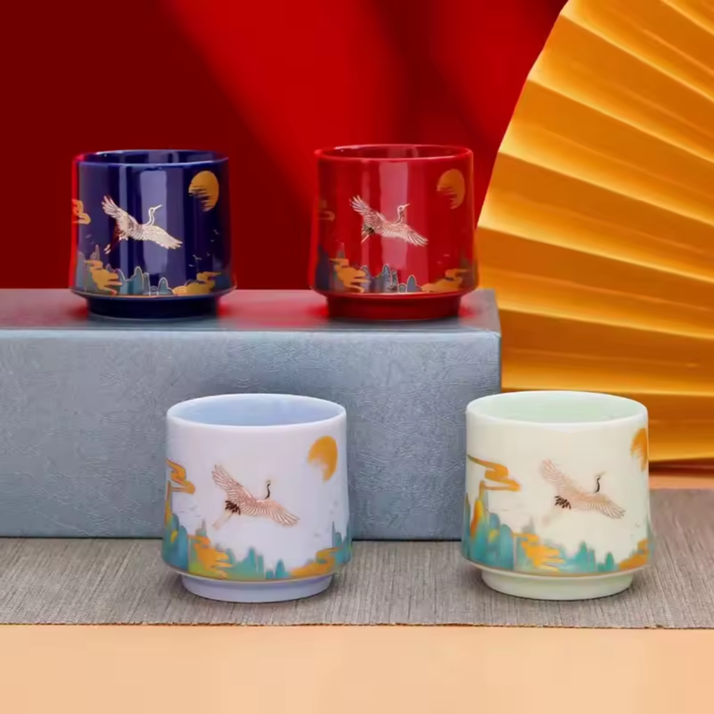 Tea Harmony Color Crane Porcelain Mug Set in Gift Box (4 pcs)
