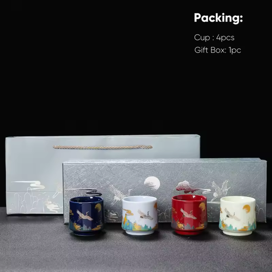 Tea Harmony Color Crane Porcelain Mug Set in Gift Box (4 pcs)