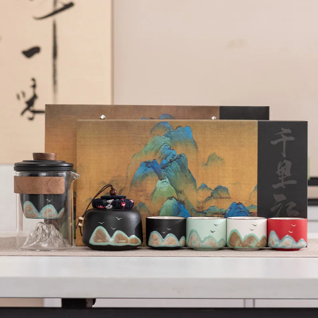 Premium Mountain-Landscape Ceramic Teapot & 4 Cups Gift Set