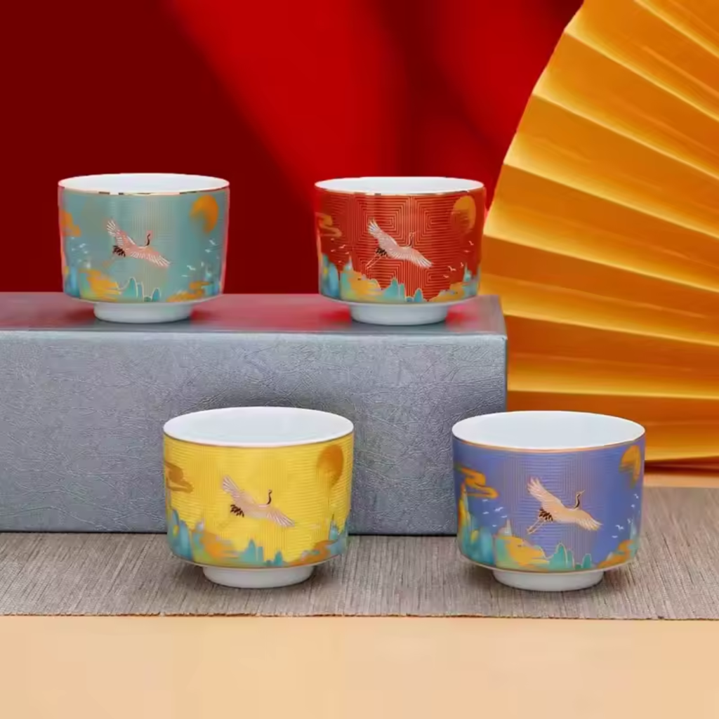 Tea Harmony Color Crane Porcelain Mug Set in Gift Box (4 pcs)