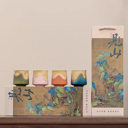 Premium Rustic Stoneware Mountain Tea Cups Set (4 pcs, Gift Box)