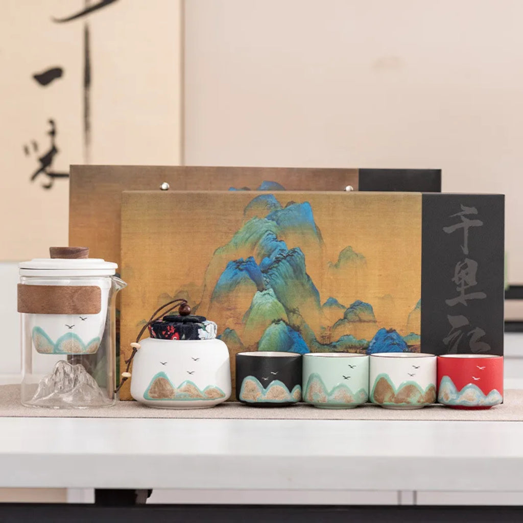 Premium Mountain-Landscape Ceramic Teapot & 4 Cups Gift Set