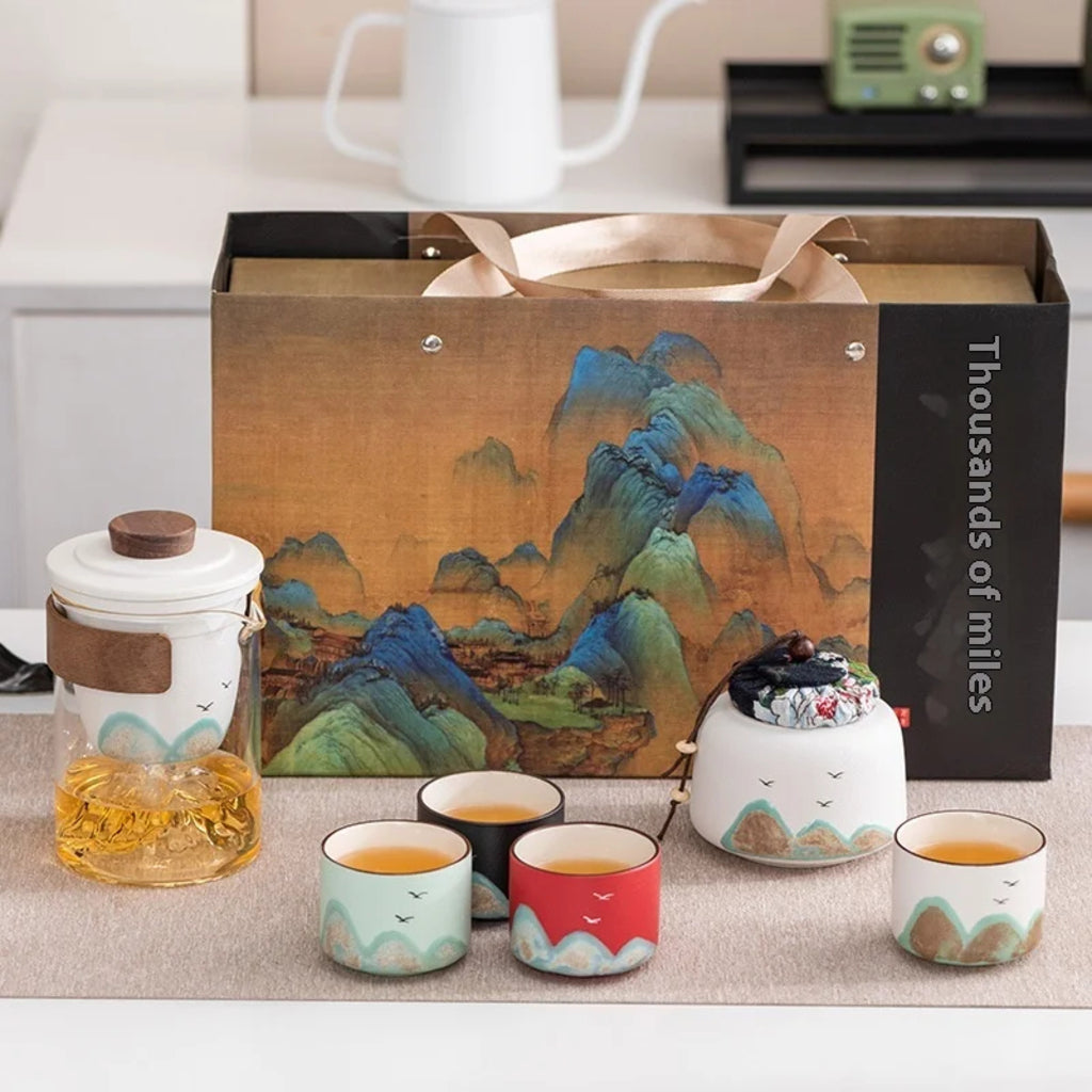 Premium Mountain-Landscape Ceramic Teapot & 4 Cups Gift Set