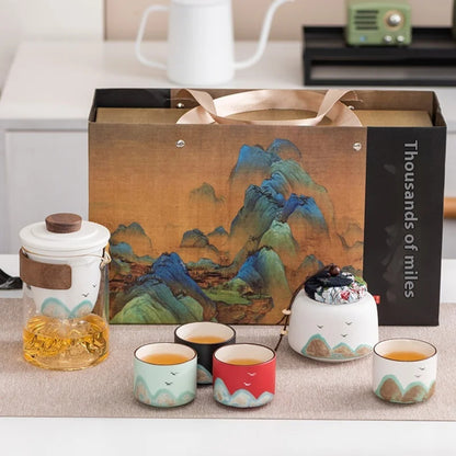 Premium Mountain-Landscape Ceramic Teapot & 4 Cups Gift Set