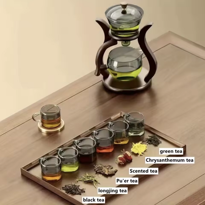 Glass tea set on wooden table with different loose leaf teas and colored infusions