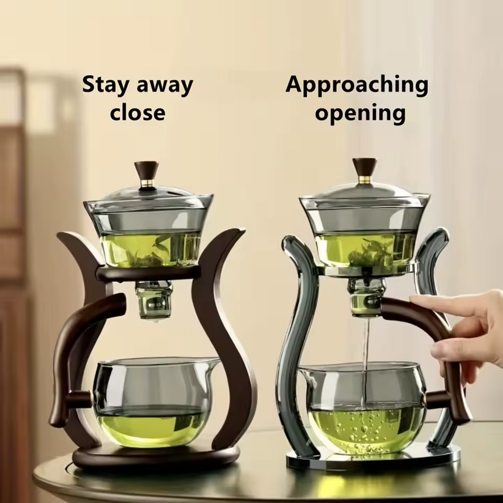 Two glass brewing systems showing closed and open automatic valve positions with green tea