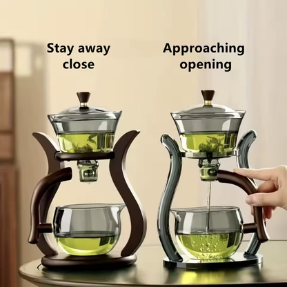 Two glass brewing systems showing closed and open automatic valve positions with green tea