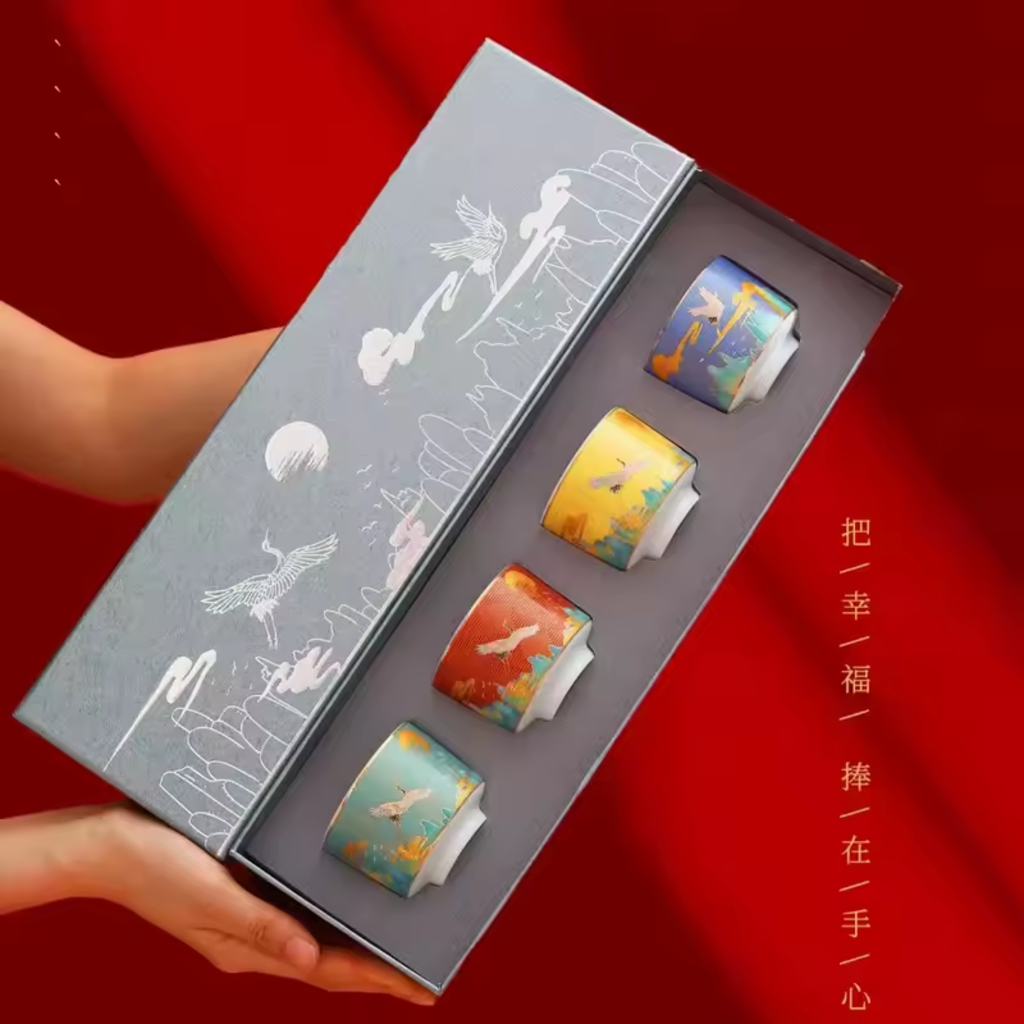 Tea Harmony Color Crane Porcelain Mug Set in Gift Box (4 pcs)