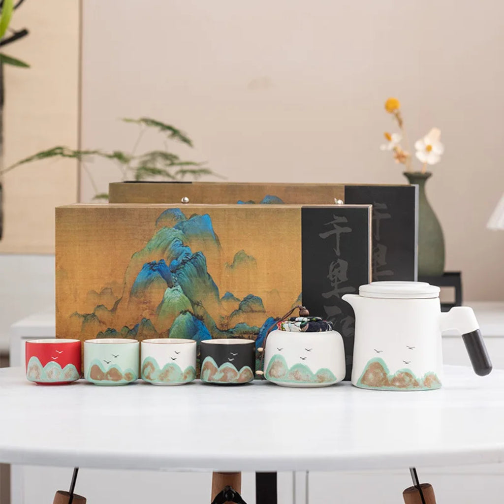 Premium Mountain-Landscape Ceramic Teapot & 4 Cups Gift Set