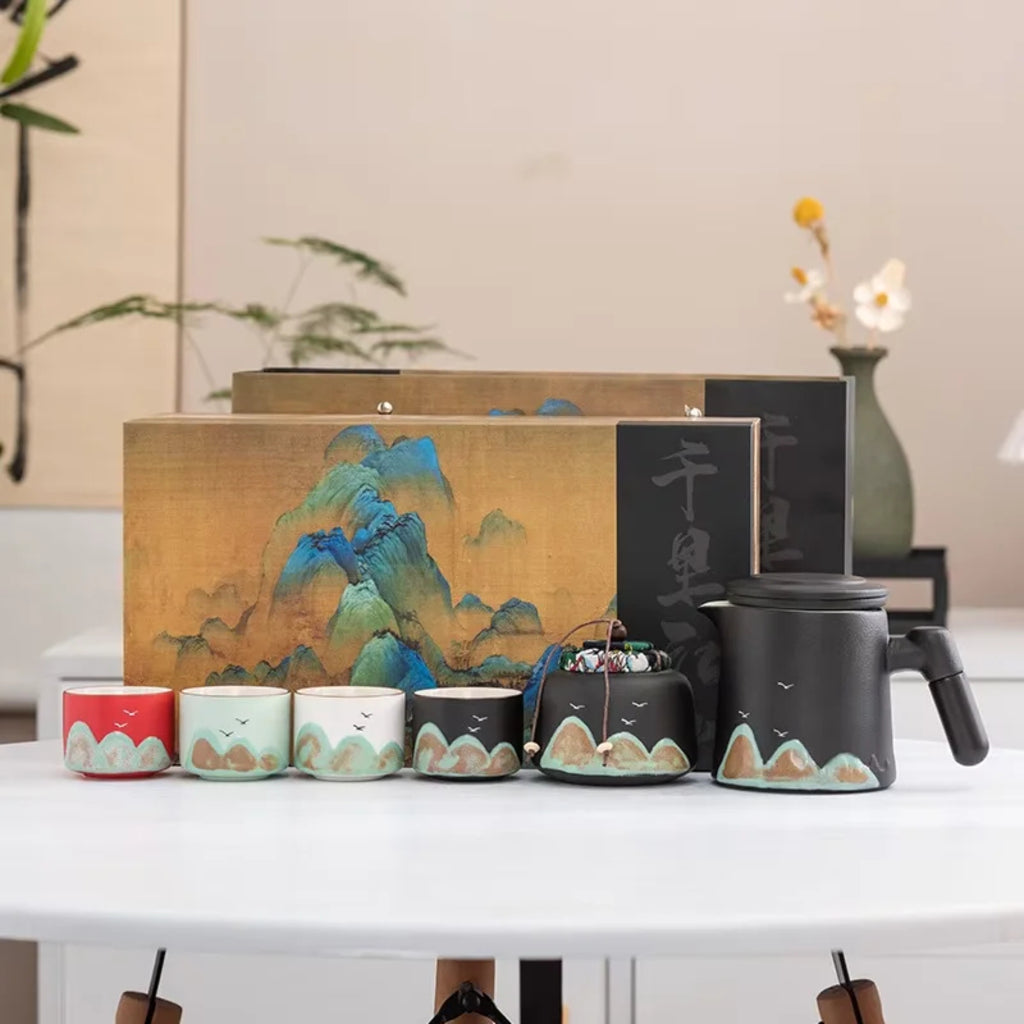 Premium Mountain-Landscape Ceramic Teapot & 4 Cups Gift Set