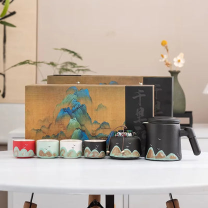 Premium Mountain-Landscape Ceramic Teapot & 4 Cups Gift Set