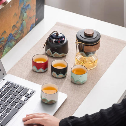 Premium Mountain-Landscape Ceramic Teapot & 4 Cups Gift Set