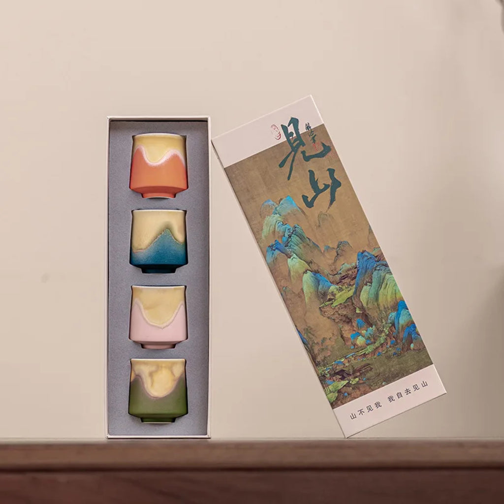 Premium Rustic Stoneware Mountain Tea Cups Set (4 pcs, Gift Box)