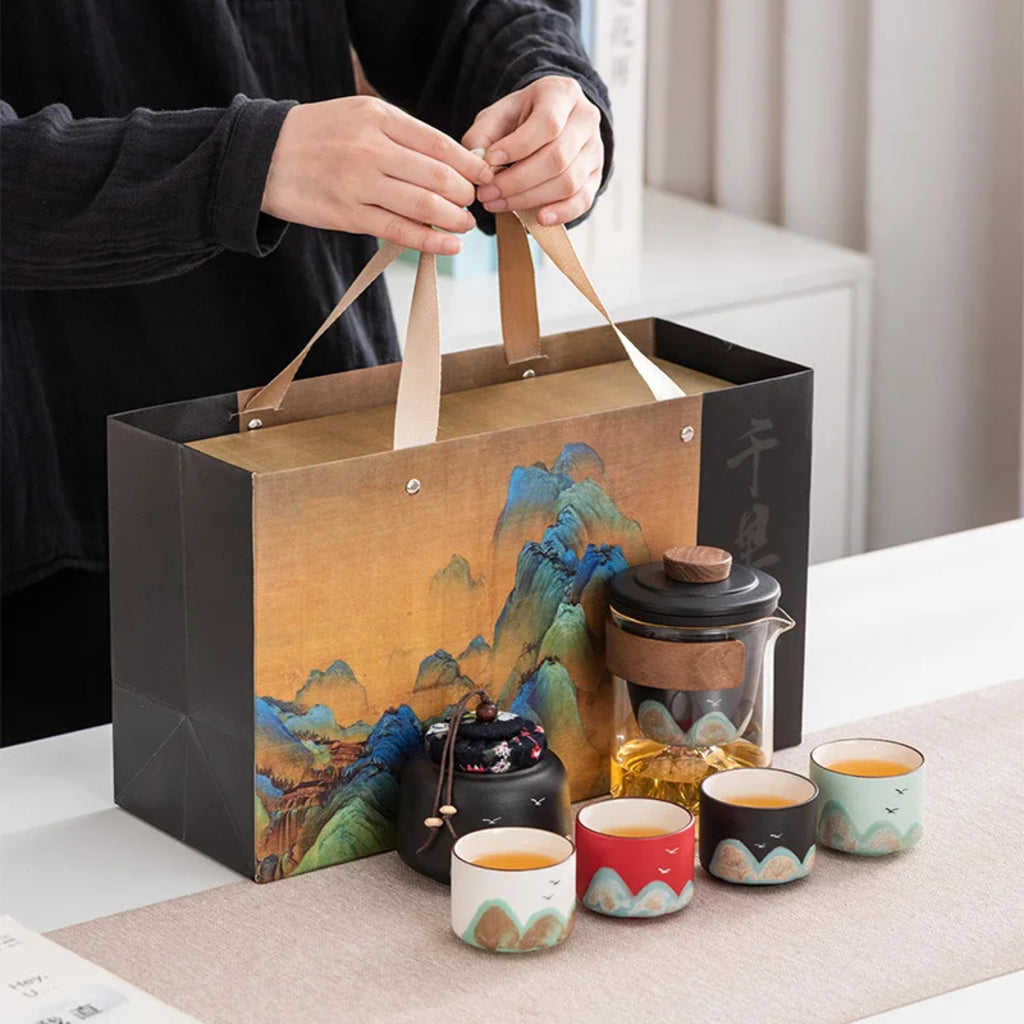 Premium Mountain-Landscape Ceramic Teapot & 4 Cups Gift Set