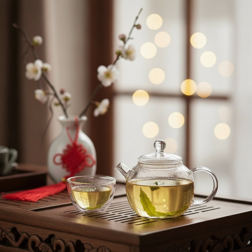 Teapot and cup of tea on a wooden table with blurred lights in the background