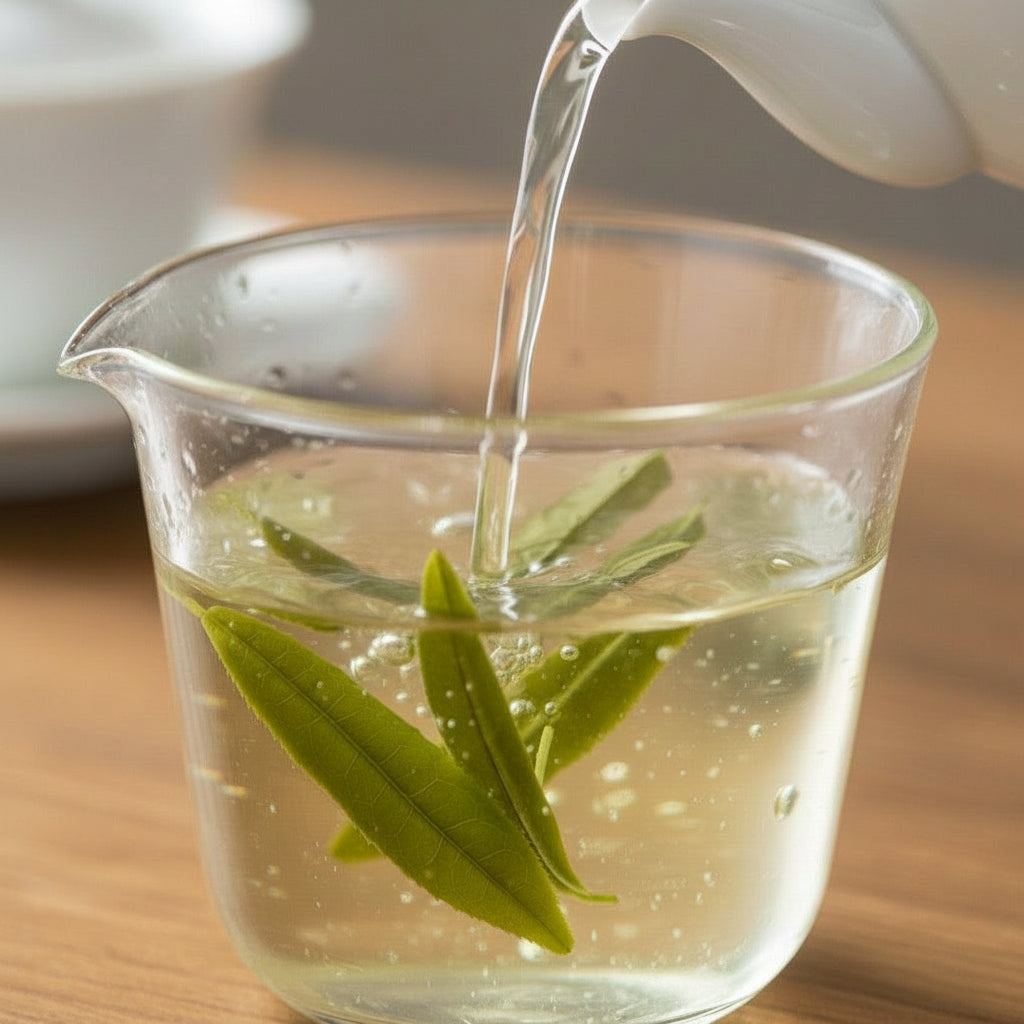 Tea leaves being poured into a glass cup with a teapot in the background.