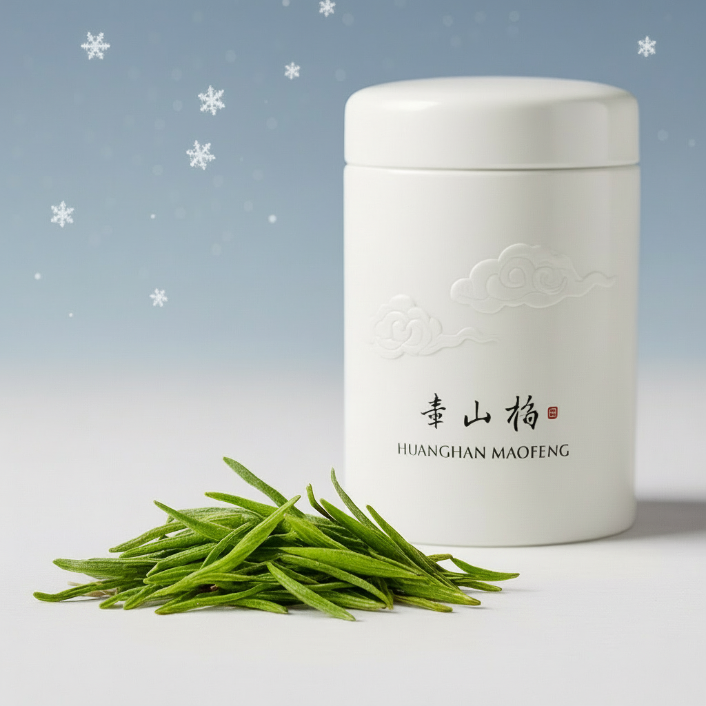 White tea canister with green tea leaves on a light gray background