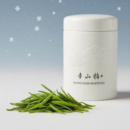 White tea canister with green tea leaves on a light gray background