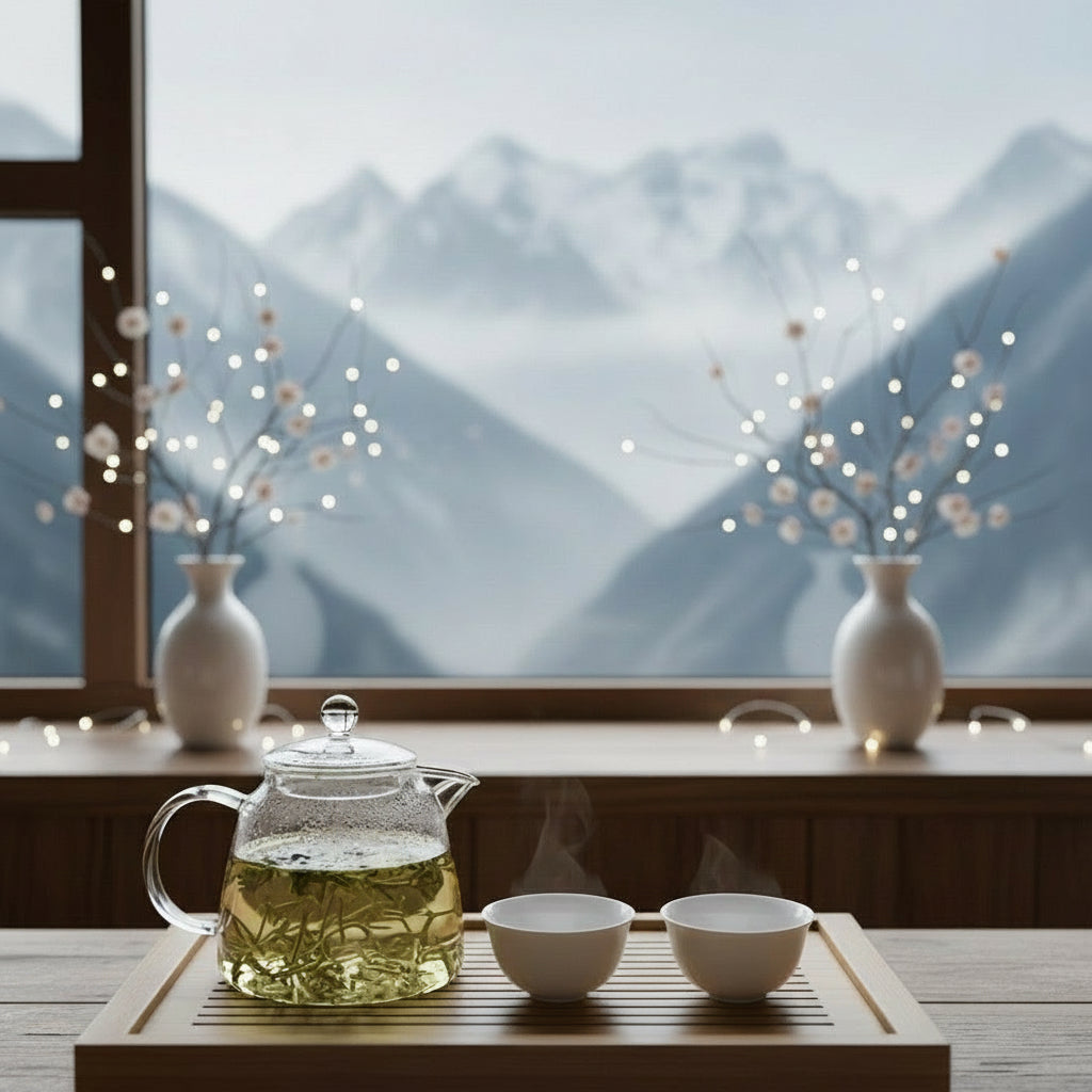 Tea set with a teapot and two cups on a wooden tray in front of a window with mountain view.