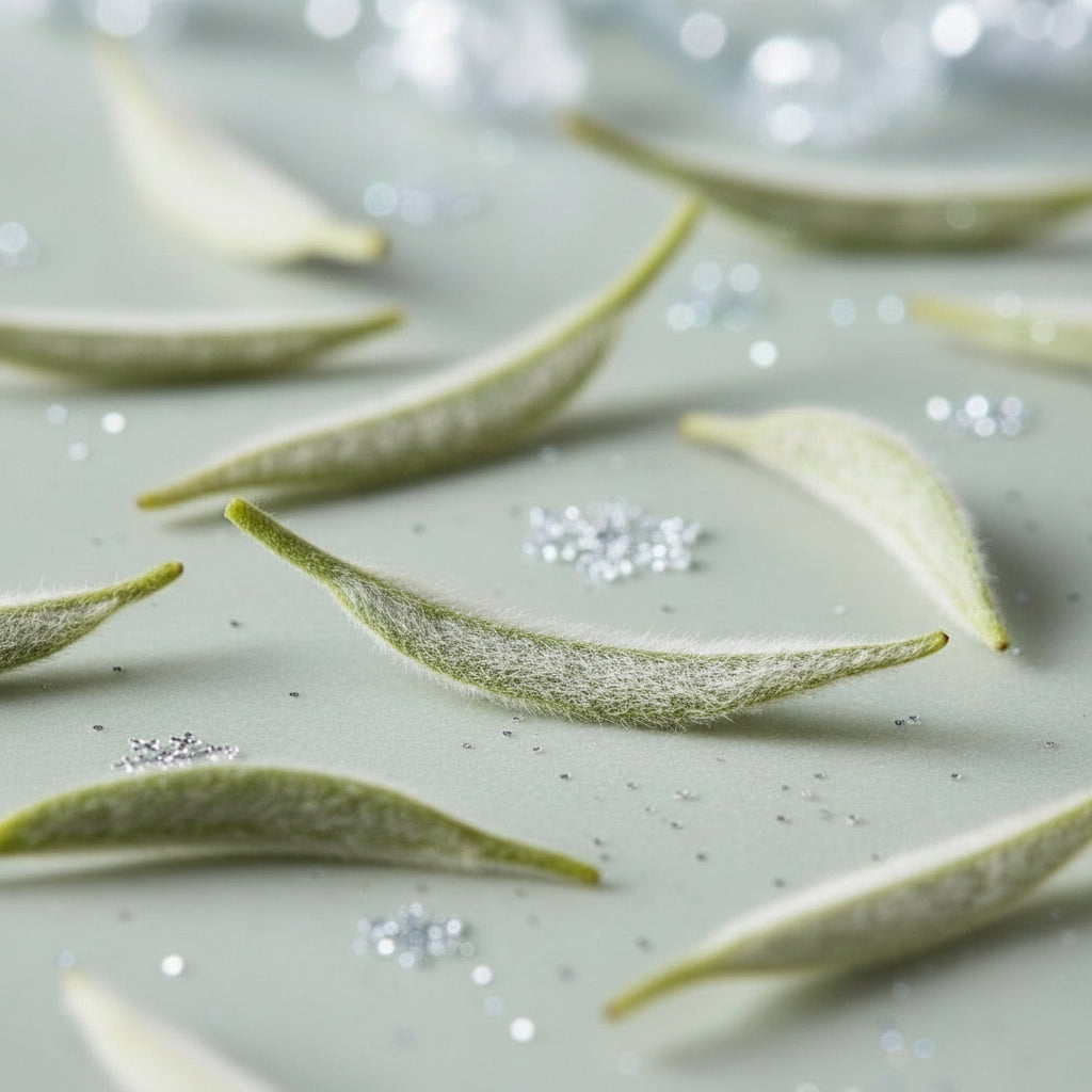 Green tea leaves on a light surface with a starburst effect