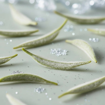 Green tea leaves on a light surface with a starburst effect