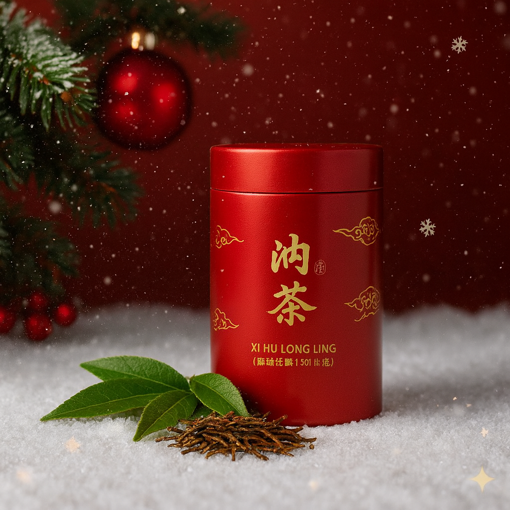 Red tea canister with gold text on a snowy background with Christmas decorations.