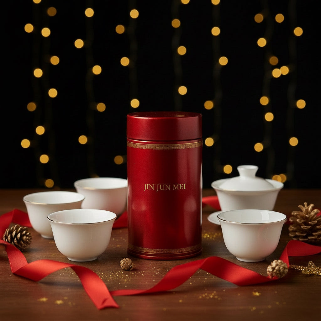 Red tea canister labeled 'JIN JUN MEI' surrounded by white teacups on a wooden surface with decorative lights in the background.