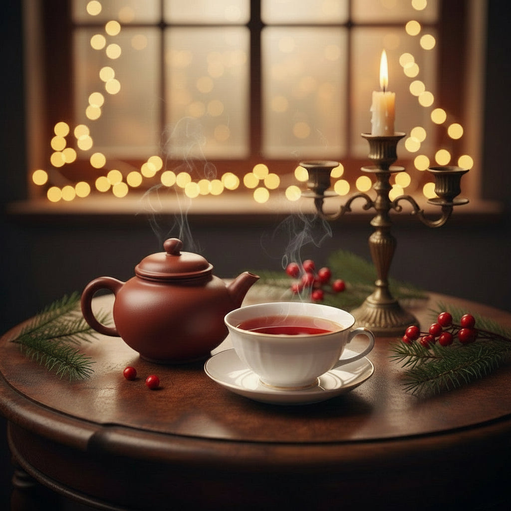Tea set with a teapot and cup on a table with festive decorations and lights in the background.