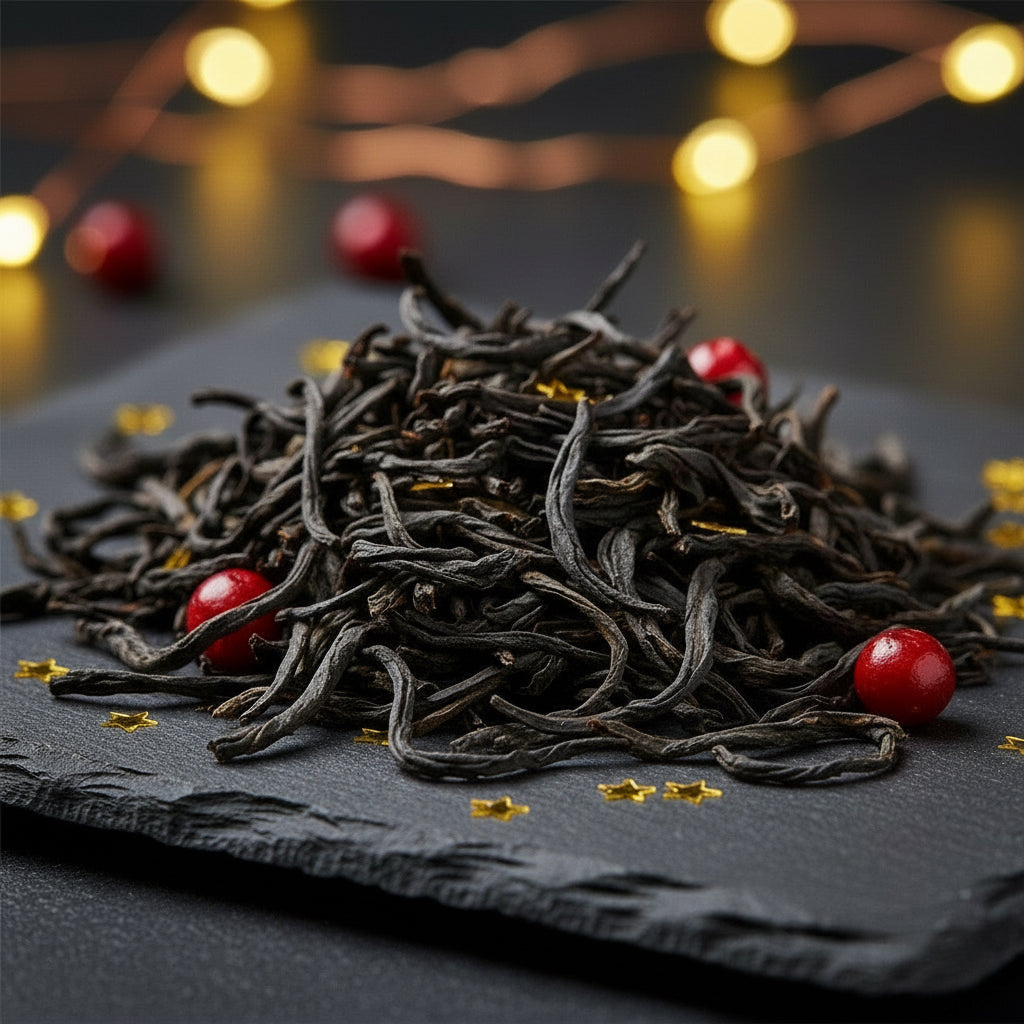 Black tea leaves on a dark surface with blurred lights in the background