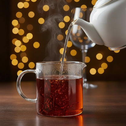 White teapot pouring steaming hot liquid into a glass mug with a warm, blurred lights background.