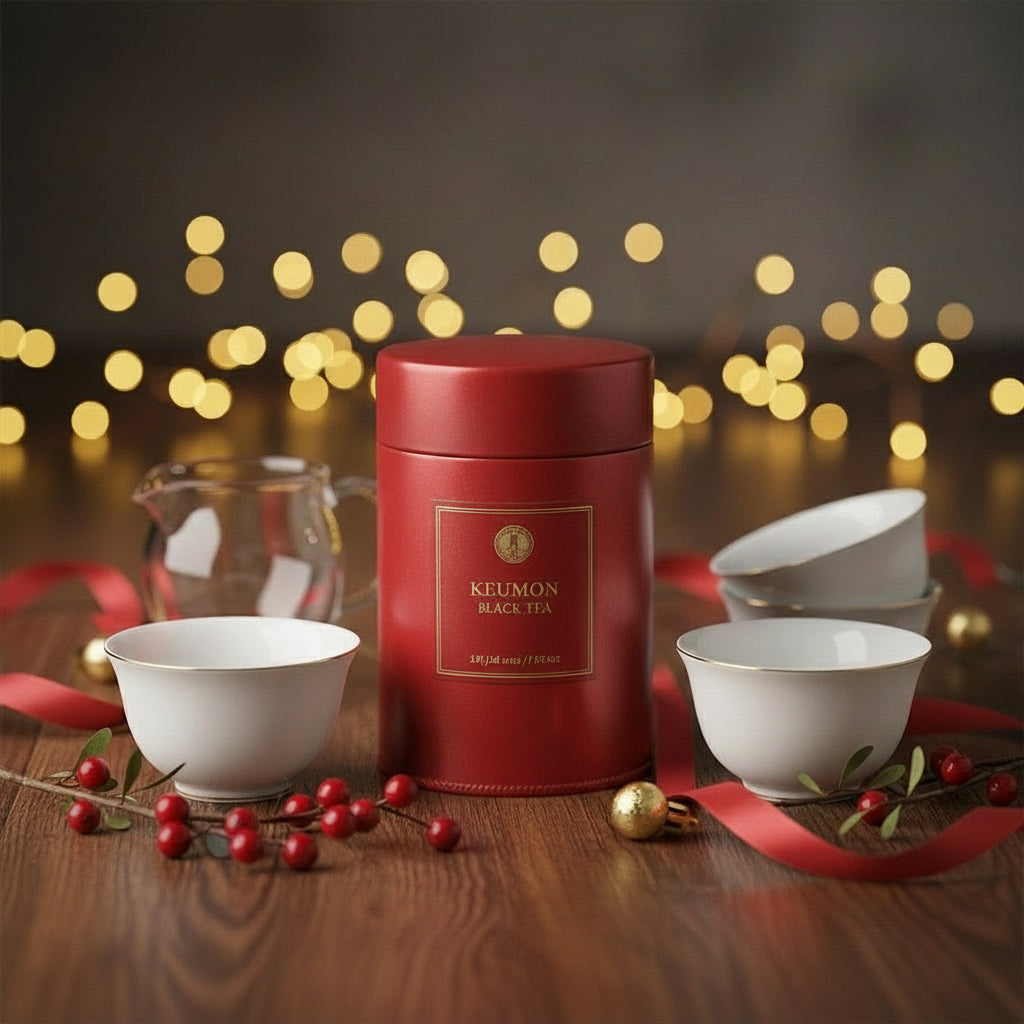Red tea canister with white tea cups on a wooden surface with festive lights in the background