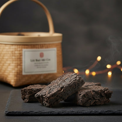 Dried tea leaves on a slate surface with a woven basket in the background