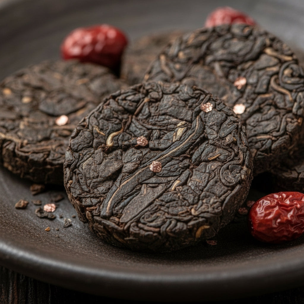 Dark brown round tea cakes with red dates on a dark plate