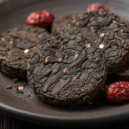 Dark brown round tea cakes with red dates on a dark plate