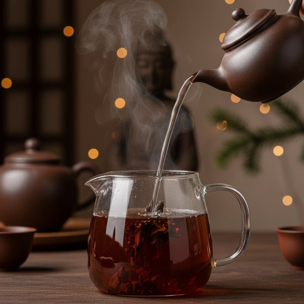 Tea being poured from a teapot into a glass teacup with a warm, cozy background.