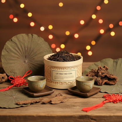 Tea set with a container of tea leaves, two cups, and decorative elements on a wooden table with a warm, blurred light background.