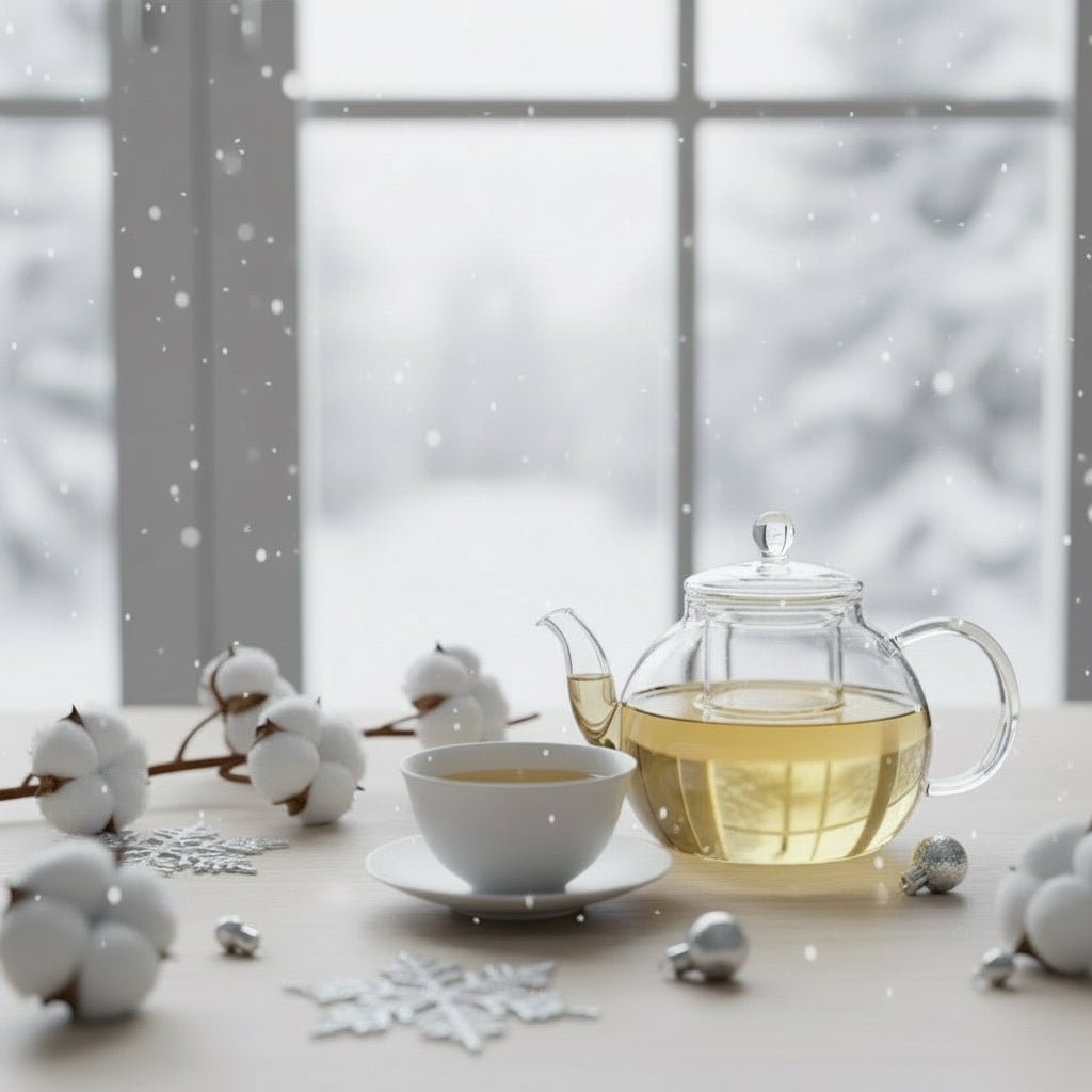 Tea set with a teapot and cup on a table with cotton branches and snowflake decorations, blurred window background.