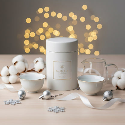 Tea canister with tea cups and decorations on a table with a bokeh light background