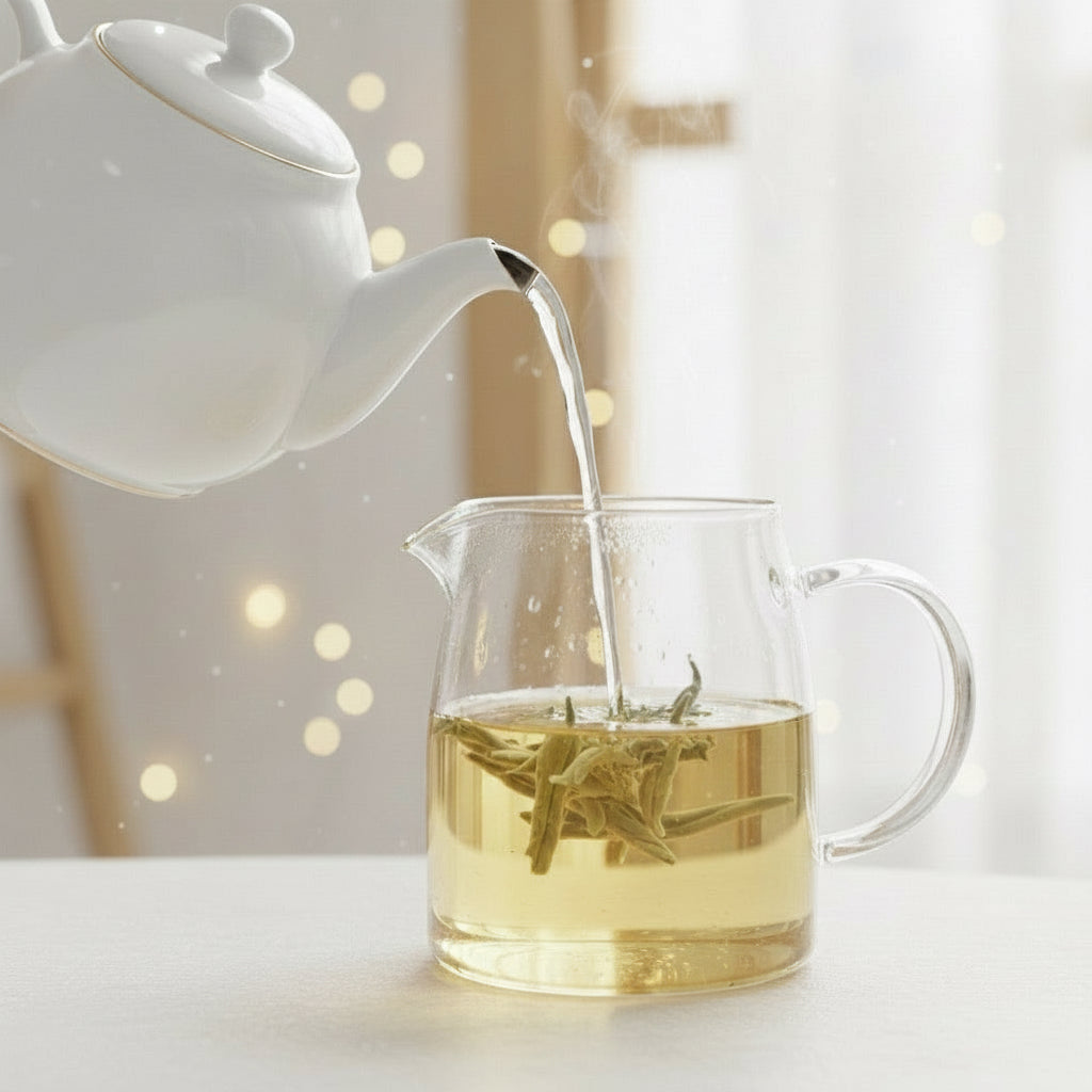 White teapot pouring liquid into a glass pitcher with tea leaves on a light background