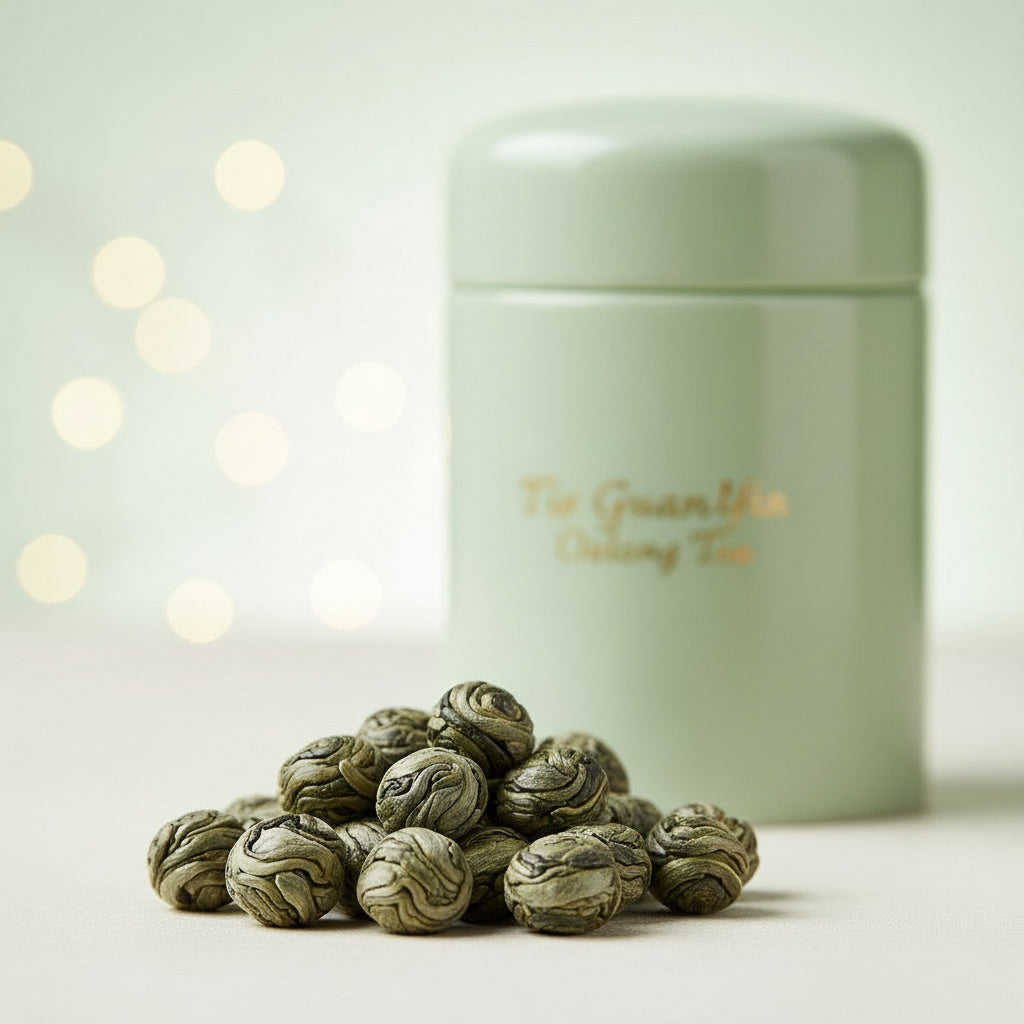 Green tea balls and a green container on a light background