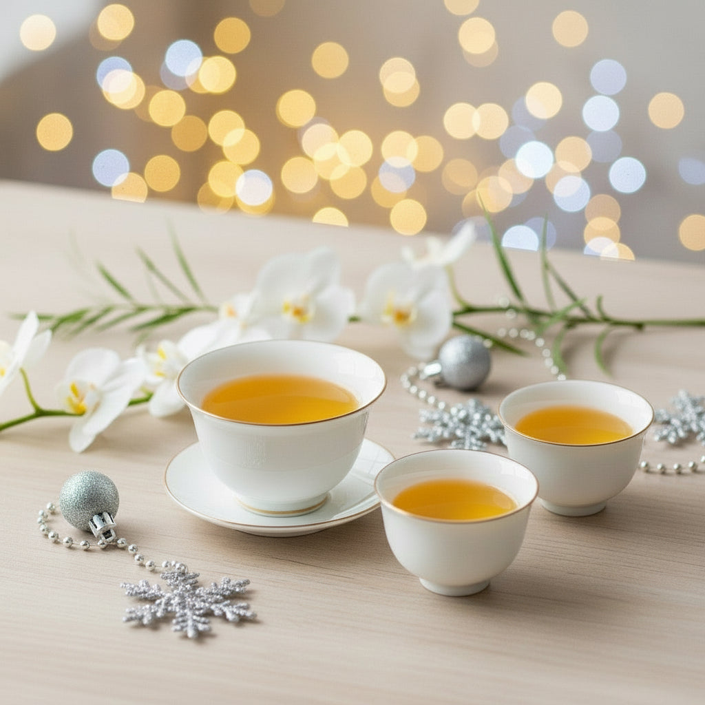 Three white teacups filled with tea on a wooden surface with blurred lights in the background.