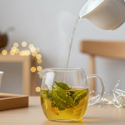 Tea being poured into a glass teapot with green leaves on a blurred background