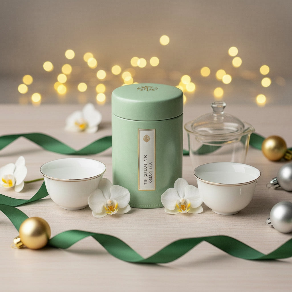 Green tea canister with white cups and orchids on a festive background